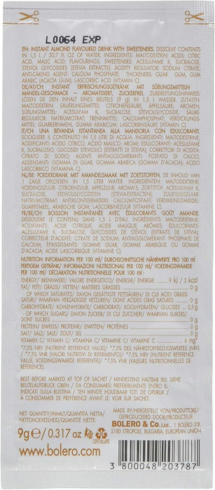 Bolero Bebida Instantánea Sabor Almendra, Pack de 24x9g. Un refresco en polvo bajo en calorías, sin azúcar y con Stevia para una hidratación óptima y llena de sabor. Bolero - presentacion