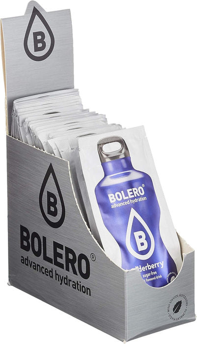 Bolero Bebida Instantánea Sabor Arándano, Caja de 24x9g. Un refresco en polvo funcional, bajo en calorías y sin azúcar con Stevia, para una hidratación óptima y llena de sabor. Bolero - pack