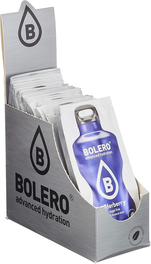 Bolero Bebida Instantánea Sabor Arándano, Caja de 24x9g. Un refresco en polvo funcional, bajo en calorías y sin azúcar con Stevia, para una hidratación óptima y llena de sabor. Bolero - pack