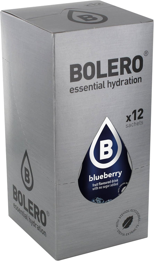 Bolero Bebida Instantánea Sabor Arándano, Pack de 12x9g. Un refresco en polvo bajo en calorías y sin azúcar con Stevia, ideal para la hidratación diaria o durante el deporte. Bolero - frontal