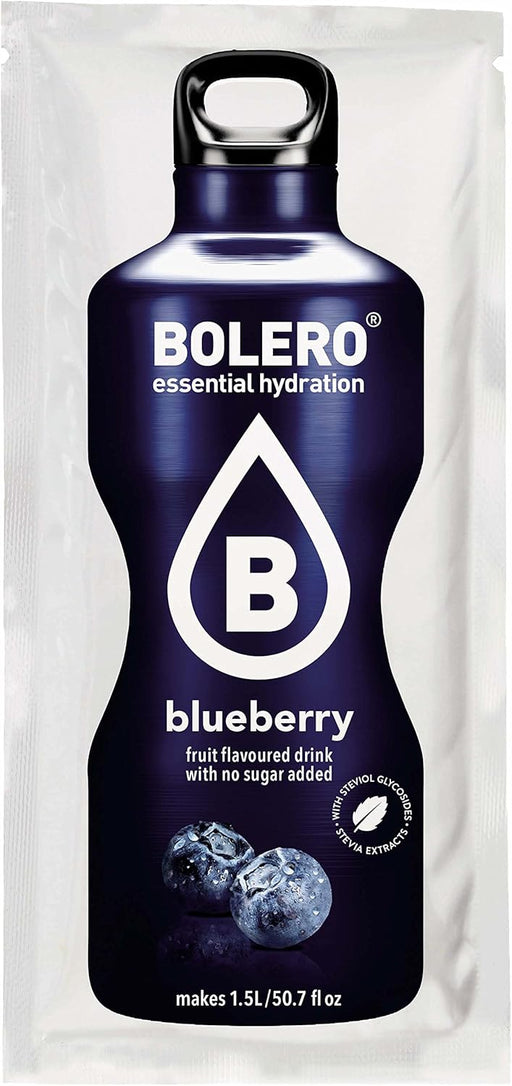 Bolero Bebida Instantánea Sabor Arándano, Pack de 12x9g. Un refresco en polvo bajo en calorías y sin azúcar con Stevia, ideal para la hidratación diaria o durante el deporte. Bolero - pack