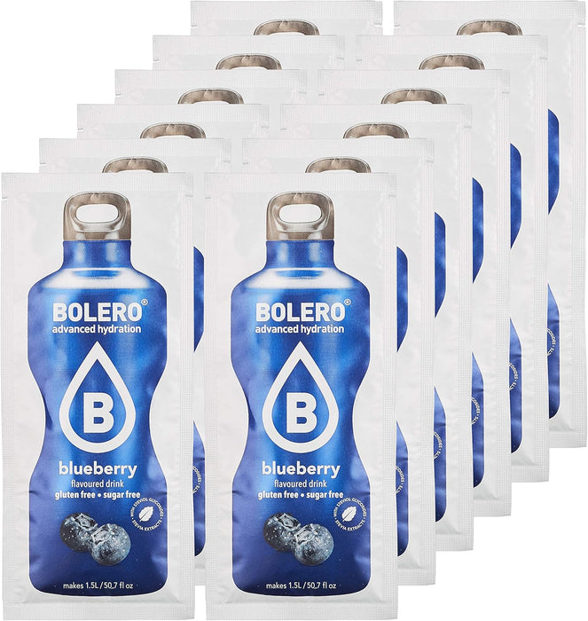 Bolero Bebida Instantánea Sabor Arándano, Pack de 12x9g. Un refresco en polvo bajo en calorías y sin azúcar con Stevia, ideal para la hidratación diaria o durante el deporte. Bolero - presentacion