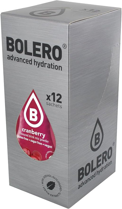 Bolero Bebida Instantánea Sabor Arándanos Rojos, Pack de 12x9g. Un refresco en polvo sin azúcar, bajo en calorías y con Stevia para una hidratación óptima y llena de sabor. Bolero - extra