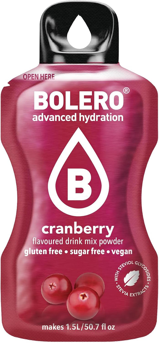 Bolero Bebida Instantánea Sabor Arándanos Rojos, Pack de 12x9g. Un refresco en polvo sin azúcar, bajo en calorías y con Stevia para una hidratación óptima y llena de sabor. Bolero - pack