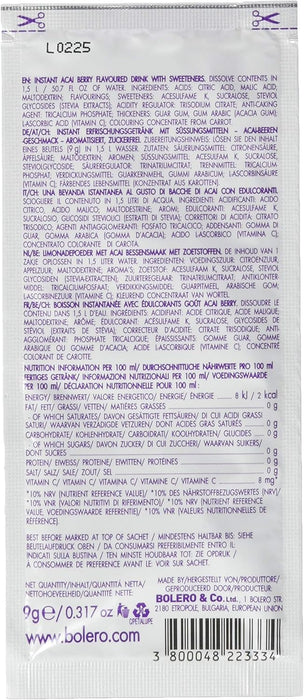 Bolero Bebida Instantánea Sabor Bayas de Açaí, Caja de 24x9g. Preparado en polvo sin azúcar con Stevia y Vitamina C, un refresco antioxidante para una hidratación saludable. Bolero - detalle
