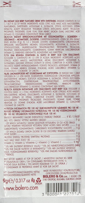 Bolero Bebida Instantánea Sabor Bayas de Goji, Caja de 24x9g. Preparado en polvo sin azúcar con Stevia y Vitamina C, un refresco antioxidante para una hidratación saludable. Bolero - presentacion