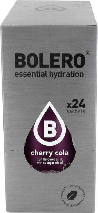 Bolero Bebida Instantánea Sabor Cereza y Cola, Pack de 24x9g. Un refresco en polvo bajo en calorías y sin azúcar con Stevia, ideal para la hidratación diaria o durante el deporte. Bolero - detalle