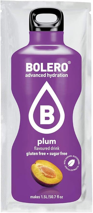 Bolero Bebida Instantánea Sabor Ciruela, Pack de 12x9g. Un refresco en polvo bajo en calorías y sin azúcar con Stevia, ideal para la hidratación diaria o deportiva. Bolero - frontal