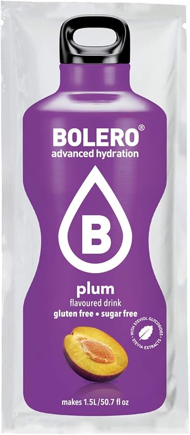 Bolero Bebida Instantánea Sabor Ciruela, Pack de 12x9g. Un refresco en polvo bajo en calorías y sin azúcar con Stevia, ideal para la hidratación diaria o deportiva. Bolero - frontal