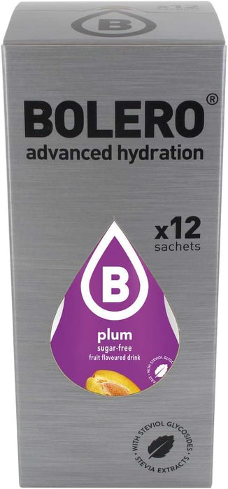Bolero Bebida Instantánea Sabor Ciruela, Pack de 12x9g. Un refresco en polvo bajo en calorías y sin azúcar con Stevia, ideal para la hidratación diaria o deportiva. Bolero - pack