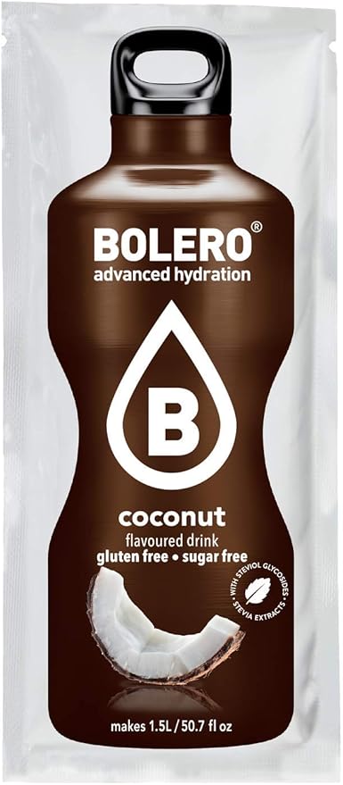 Bolero Bebida Instantánea Sabor Coco, sin azúcar y con Stevia. Pack de 12 sobres de 9g, enriquecido con Vitamina C y apto para celíacos y diabéticos. Bolero - frontal