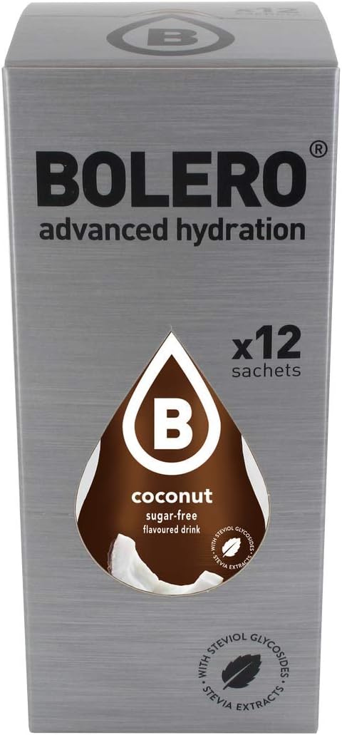 Bolero Bebida Instantánea Sabor Coco, sin azúcar y con Stevia. Pack de 12 sobres de 9g, enriquecido con Vitamina C y apto para celíacos y diabéticos. Bolero - pack