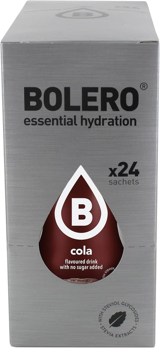 Bolero Bebida Instantánea Sabor Cola, Caja de 24x9g. El preparado en polvo para disfrutar de tu refresco favorito sin azúcar, con Stevia y Vitamina C. Ideal para tu hidratación. Bolero - detalle