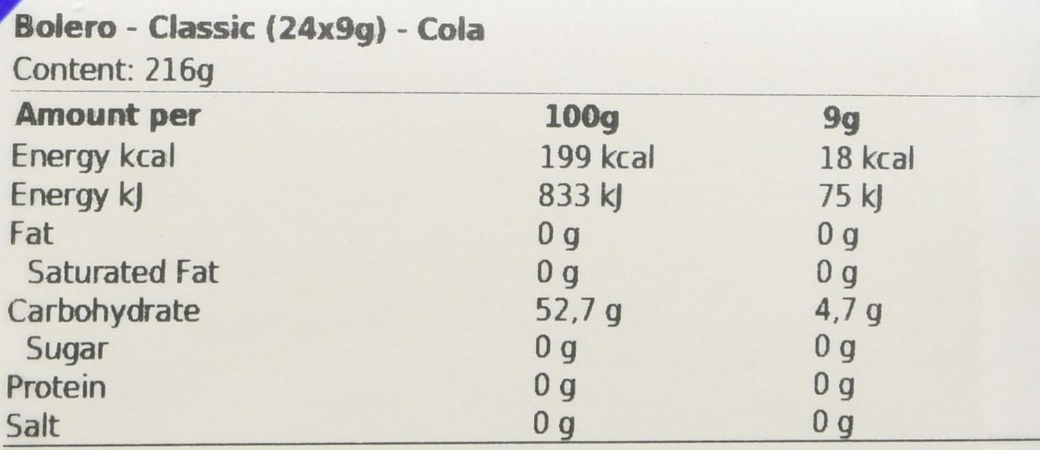 Bolero Bebida Instantánea Sabor Cola, Caja de 24x9g. El preparado en polvo para disfrutar de tu refresco favorito sin azúcar, con Stevia y Vitamina C. Ideal para tu hidratación. Bolero - lateral