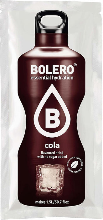 Bolero Bebida Instantánea Sabor Cola, Caja de 24x9g. El preparado en polvo para disfrutar de tu refresco favorito sin azúcar, con Stevia y Vitamina C. Ideal para tu hidratación. Bolero - pack