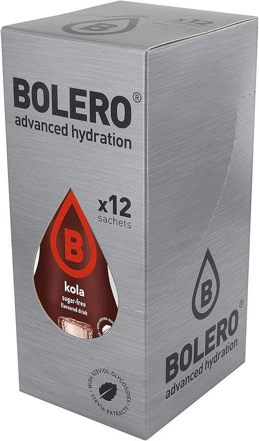 Bolero Bebida Instantánea Sabor Cola, Pack de 12 sobres de 9g. Refresco en polvo sin azúcar, endulzado con Stevia y bajo en calorías, ideal para dietas. Bolero - frontal