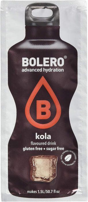 Bolero Bebida Instantánea Sabor Cola, Pack de 12 sobres de 9g. Refresco en polvo sin azúcar, endulzado con Stevia y bajo en calorías, ideal para dietas. Bolero - pack
