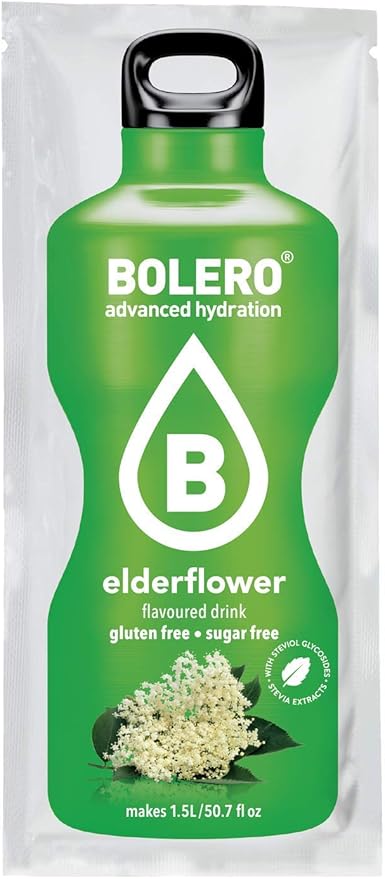 Bolero Bebida Instantánea Sabor Flor de Saúco, Pack de 12x9g. Un refresco en polvo sin azúcar, bajo en calorías y con Stevia para una hidratación óptima con un delicado toque floral. Bolero - frontal