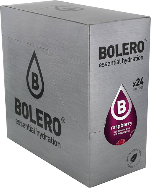 Bolero Bebida Instantánea Sabor Frambuesa, Caja de 24x9g. Preparado en polvo sin azúcar, con Stevia y Vitamina C para una hidratación saludable, baja en calorías y llena de sabor. Bolero - frontal