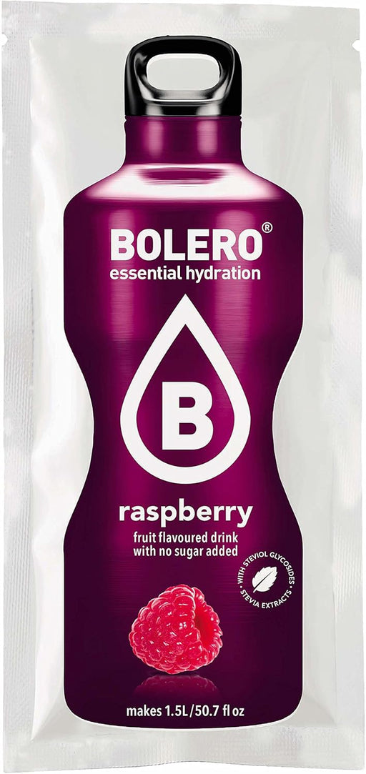 Bolero Bebida Instantánea Sabor Frambuesa, Caja de 24x9g. Preparado en polvo sin azúcar, con Stevia y Vitamina C para una hidratación saludable, baja en calorías y llena de sabor. Bolero - pack