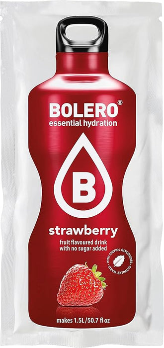 Bolero Bebida Instantánea Sabor Fresa, Pack de 12x9g. Un refresco en polvo sin azúcar, bajo en calorías y con Stevia para una hidratación óptima y llena de sabor. Bolero - frontal