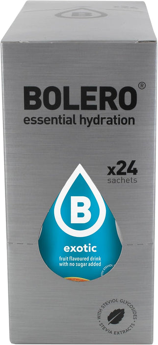 Bolero Bebida Instantánea Sabor Frutas Exóticas, Caja de 24x9g. Un refresco en polvo bajo en calorías, sin azúcar y con Stevia para una hidratación óptima y llena de sabor. Bolero - detalle