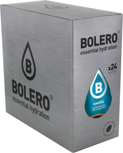 Bolero Bebida Instantánea Sabor Frutas Exóticas, Caja de 24x9g. Un refresco en polvo bajo en calorías, sin azúcar y con Stevia para una hidratación óptima y llena de sabor. Bolero - frontal
