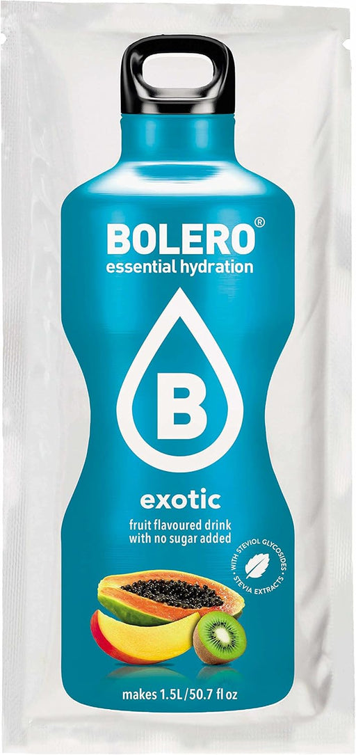 Bolero Bebida Instantánea Sabor Frutas Exóticas, Caja de 24x9g. Un refresco en polvo bajo en calorías, sin azúcar y con Stevia para una hidratación óptima y llena de sabor. Bolero - pack