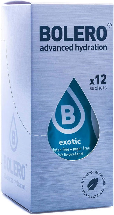 Bolero Bebida Instantánea Sabor Frutas Exóticas, Pack de 12x9g. Preparado en polvo sin azúcar, bajo en calorías y con Stevia para un refresco delicioso y saludable. Bolero - frontal