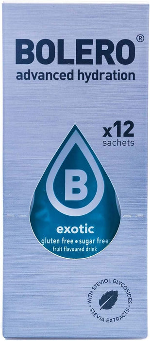 Bolero Bebida Instantánea Sabor Frutas Exóticas, Pack de 12x9g. Preparado en polvo sin azúcar, bajo en calorías y con Stevia para un refresco delicioso y saludable. Bolero - pack