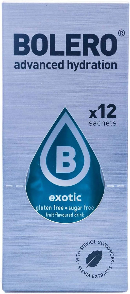 Bolero Bebida Instantánea Sabor Frutas Exóticas, Pack de 12x9g. Preparado en polvo sin azúcar, bajo en calorías y con Stevia para un refresco delicioso y saludable. Bolero - pack