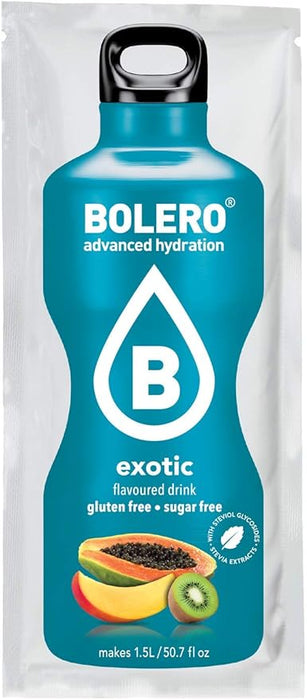 Bolero Bebida Instantánea Sabor Frutas Exóticas, Pack de 12x9g. Preparado en polvo sin azúcar, bajo en calorías y con Stevia para un refresco delicioso y saludable. Bolero - uso