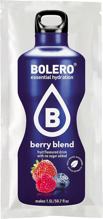 Bolero Bebida Instantánea Sabor Frutos del Bosque, Caja de 24x9g. Preparado en polvo sin azúcar con Stevia y Vitamina C para una hidratación saludable, baja en calorías y llena de sabor. Bolero - pack
