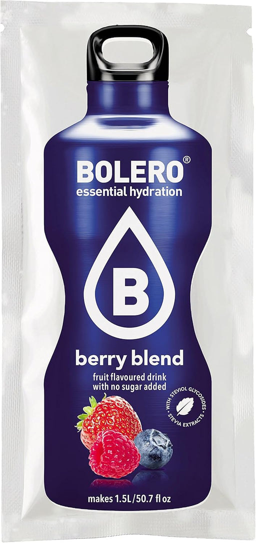 Bolero Bebida Instantánea Sabor Frutos del Bosque, Caja de 24x9g. Preparado en polvo sin azúcar con Stevia y Vitamina C para una hidratación saludable, baja en calorías y llena de sabor. Bolero - pack