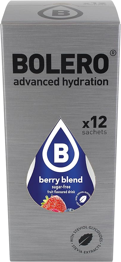 Bolero Bebida Instantánea Sabor Frutos del Bosque, Mega Pack de 48x9g. Un refresco en polvo sin azúcar, bajo en calorías, vegano y sin gluten, endulzado con Stevia. Bolero - frontal