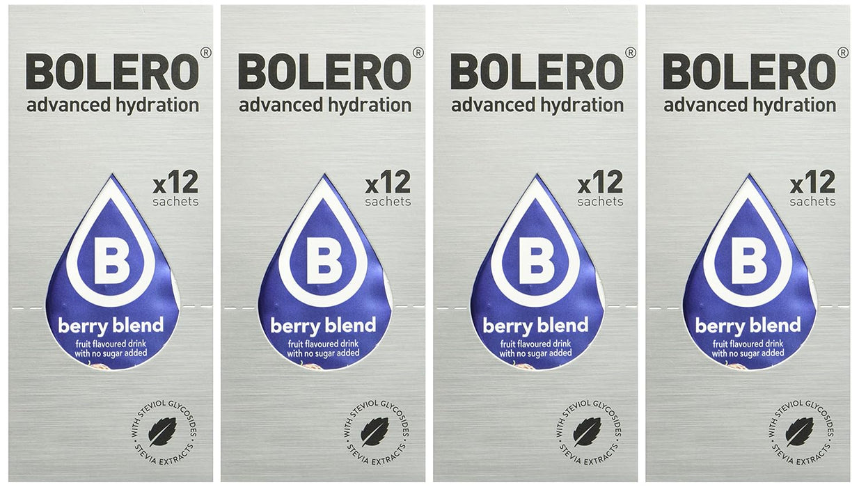 Bolero Bebida Instantánea Sabor Frutos del Bosque, Mega Pack de 48x9g. Un refresco en polvo sin azúcar, bajo en calorías, vegano y sin gluten, endulzado con Stevia. Bolero - ingredientes