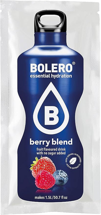 Bolero Bebida Instantánea Sabor Frutos del Bosque, Pack de 12x9g. Un refresco en polvo sin azúcar, vegano y sin gluten, endulzado con Stevia para una hidratación saludable. Bolero - frontal