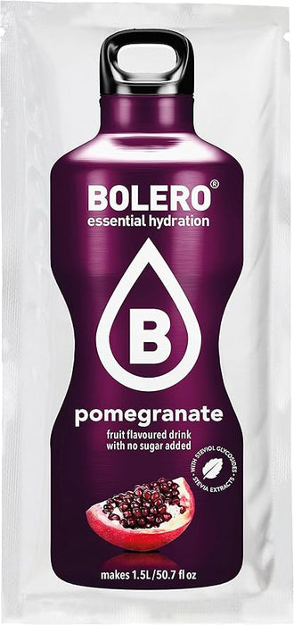 Bolero Bebida Instantánea Sabor Granada, Pack de 12x9g. Preparado en polvo sin azúcar con Stevia y Vitamina C para una hidratación saludable, baja en calorías y llena de sabor. Bolero - frontal
