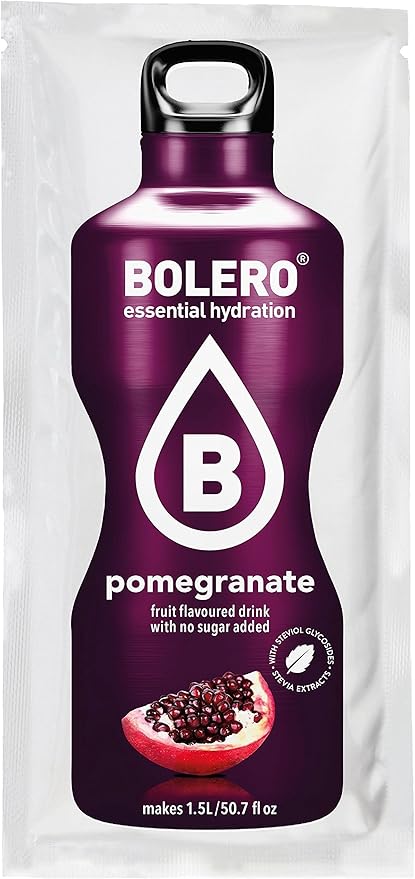 Bolero Bebida Instantánea Sabor Granada, Pack de 12x9g. Preparado en polvo sin azúcar con Stevia y Vitamina C para una hidratación saludable, baja en calorías y llena de sabor. Bolero - frontal