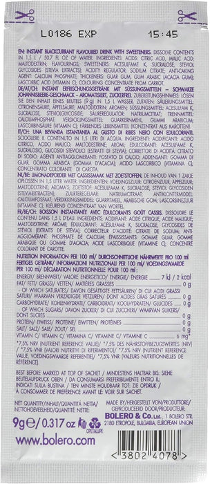 Bolero Bebida Instantánea Sabor Grosella Negra, Caja de 24x9g. Preparado en polvo sin azúcar, con Stevia y Vitamina C para una hidratación saludable, baja en calorías y llena de sabor. Bolero - presentacion