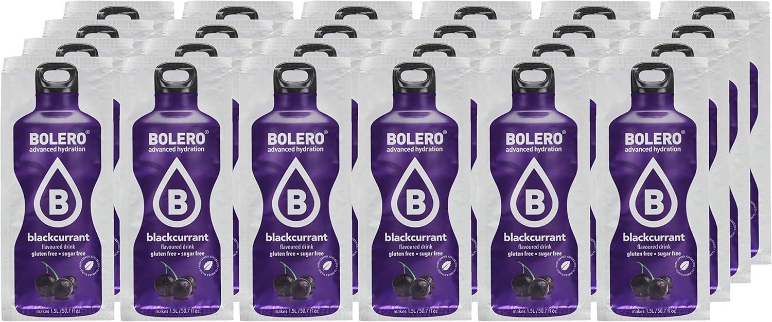 Bolero Bebida Instantánea Sabor Grosella Negra, Caja de 24x9g. Preparado en polvo sin azúcar, con Stevia y Vitamina C para una hidratación saludable, baja en calorías y llena de sabor. Bolero - extra