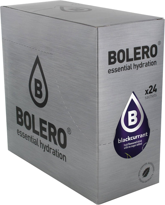Bolero Bebida Instantánea Sabor Grosella Negra, Caja de 24x9g. Preparado en polvo sin azúcar, con Stevia y Vitamina C para una hidratación saludable, baja en calorías y llena de sabor. Bolero - frontal