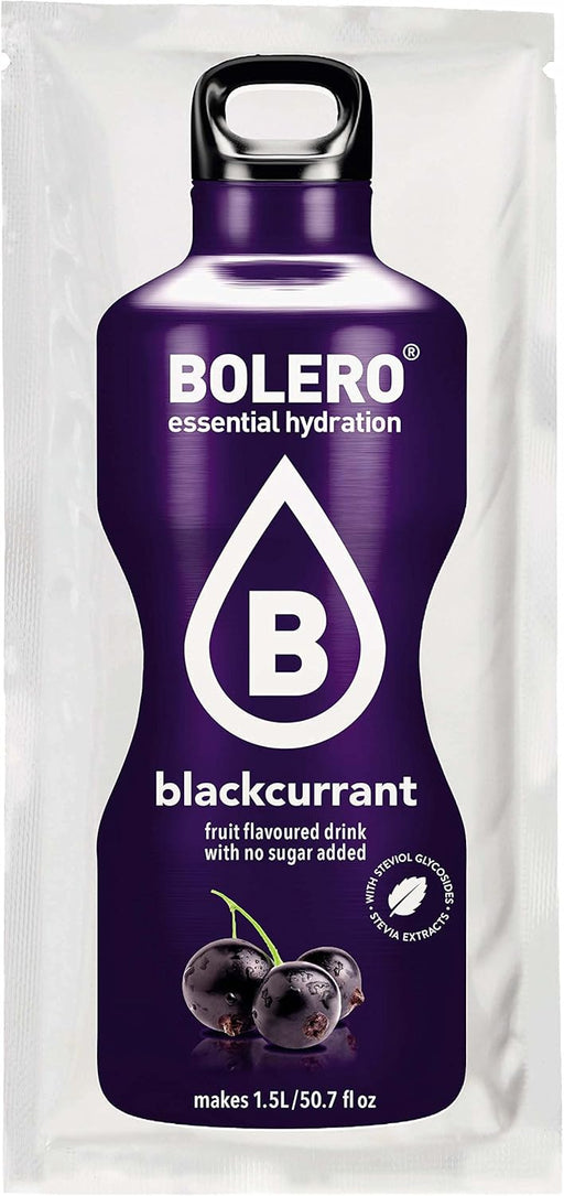 Bolero Bebida Instantánea Sabor Grosella Negra, Caja de 24x9g. Preparado en polvo sin azúcar, con Stevia y Vitamina C para una hidratación saludable, baja en calorías y llena de sabor. Bolero - pack