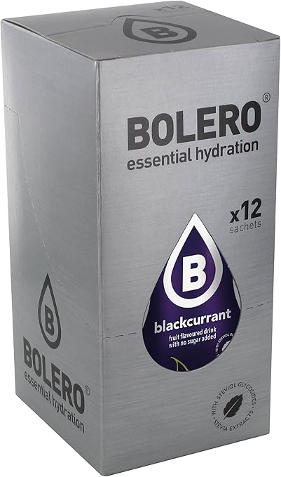 Bolero Bebida Instantánea Sabor Grosella, Pack de 12x9g. Un refresco en polvo sin azúcar, bajo en calorías y carbohidratos, con Stevia, Vitamina C y apto para dietas saludables. Bolero - frontal