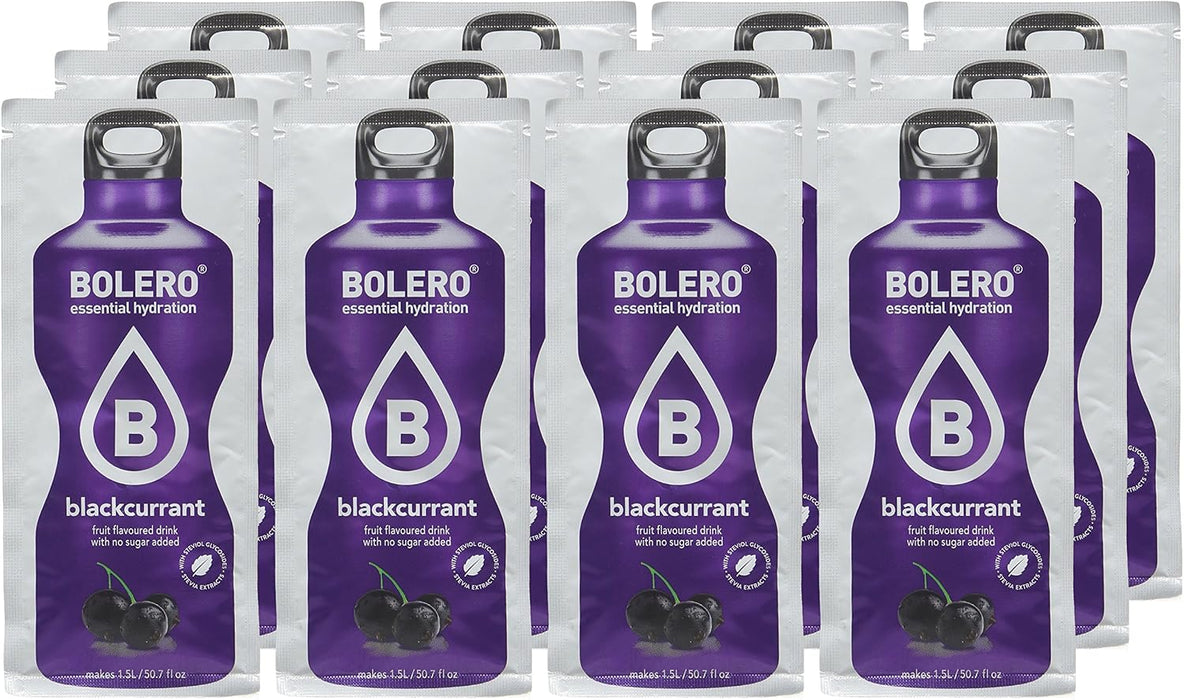 Bolero Bebida Instantánea Sabor Grosella, Pack de 12x9g. Un refresco en polvo sin azúcar, bajo en calorías y carbohidratos, con Stevia, Vitamina C y apto para dietas saludables. Bolero - lateral