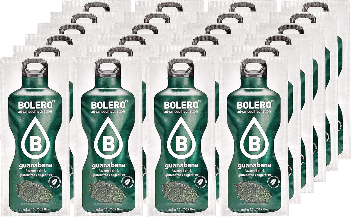 Bolero Bebida Instantánea Sabor Guanábana, Caja de 24x9g. Preparado en polvo sin azúcar con Stevia y Vitamina C para una hidratación saludable, baja en calorías y llena de sabor. Bolero - extra