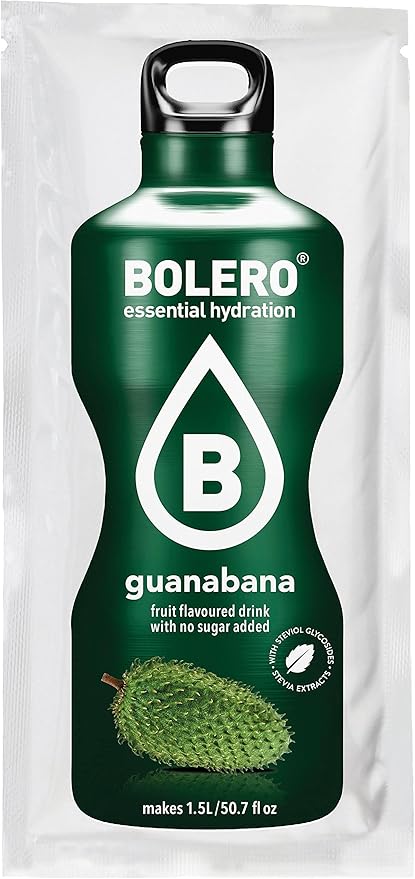 Bolero Bebida Instantánea Sabor Guanábana, Pack de 12x9g. Un refresco en polvo sin azúcar, bajo en calorías y con Stevia para una hidratación saludable y llena de sabor. Bolero - frontal