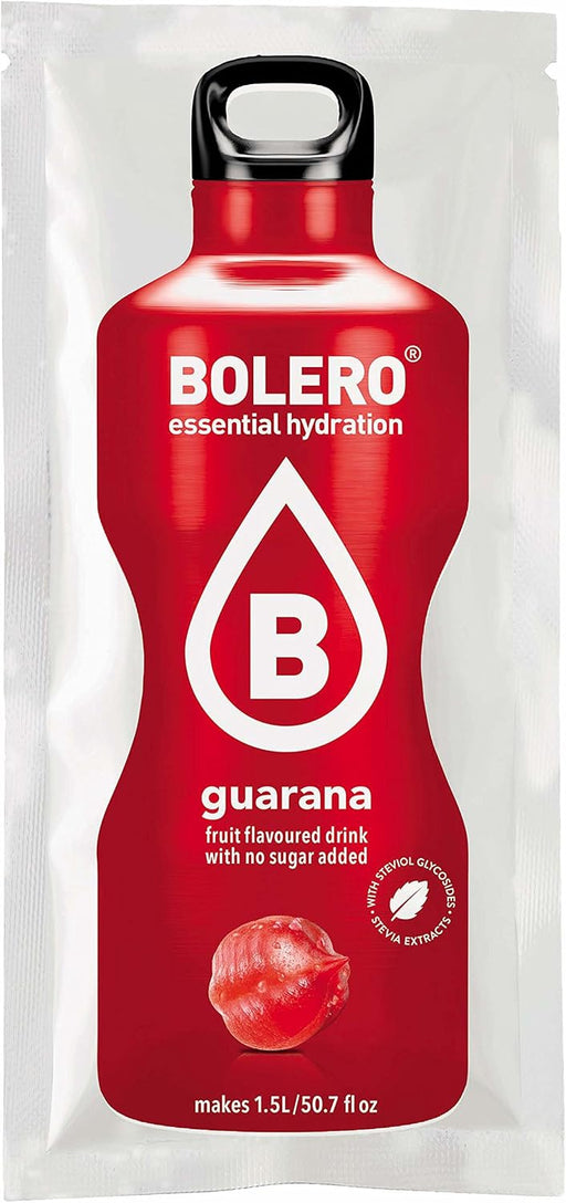 Bolero Bebida Instantánea Sabor Guaraná, Caja de 24x9g. Un refresco en polvo sin azúcar, bajo en calorías y con Stevia para una hidratación óptima y llena de sabor. Bolero - pack