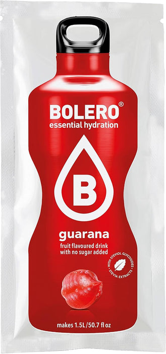 Bolero Bebida Instantánea Sabor Guaraná, Pack de 12x9g. Un refresco en polvo sin azúcar con Stevia y Vitamina C para una hidratación energética, saludable y baja en calorías. Bolero - frontal
