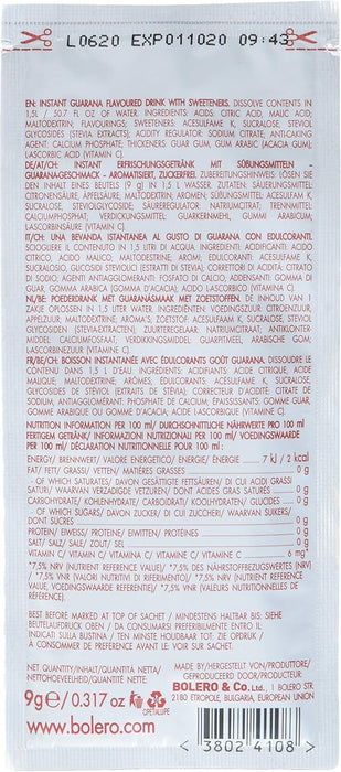 Bolero Bebida Instantánea Sabor Guaraná, Pack de 12x9g. Un refresco en polvo sin azúcar con Stevia y Vitamina C para una hidratación energética, saludable y baja en calorías. Bolero - uso